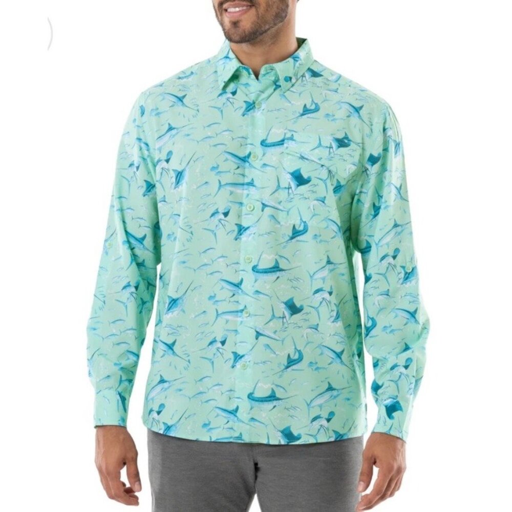 Men's Medium Guy Harvey Marlin Beach Glass Tonal Bills Long Sleeve Fish Shirt